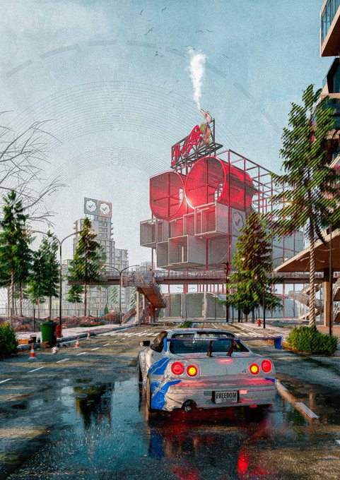 A vibrant digital illustration of a wet city street featuring a silver sports car with a 'FREEDOM' license plate, facing a large red cube-like building with a 'Hotel' sign under a moody sky.