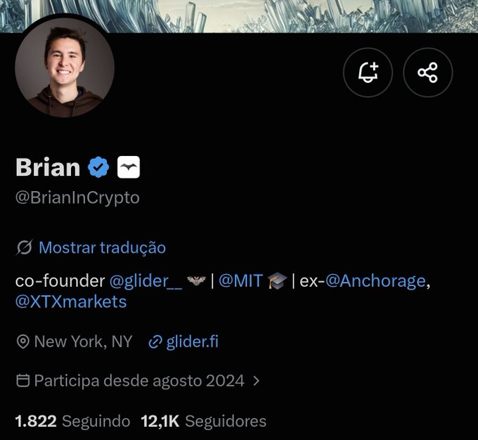 A Twitter/X profile for Brian (@BrianInCrypto), co-founder of @glider__, affiliated with MIT and formerly with Anchorage and XTXmarkets, based in New York, NY, with 12.1K followers.