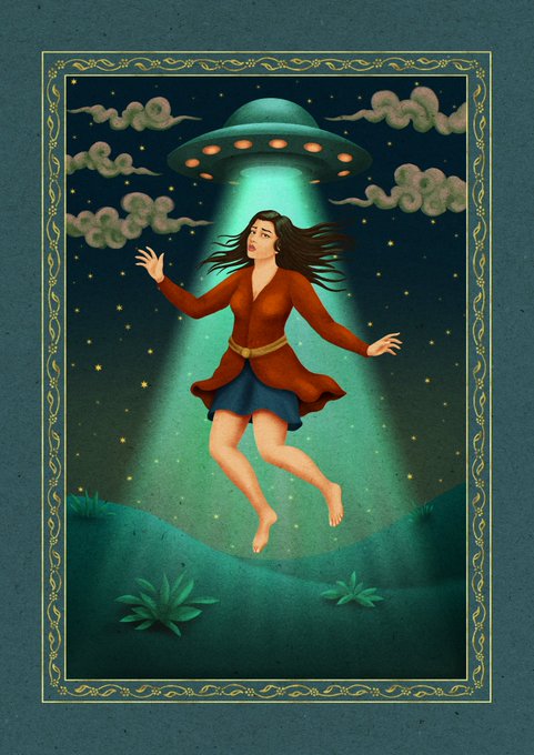 A whimsical illustration of a woman in a red coat being beamed up by a green UFO against a starry night sky, framed by an ornate border.
