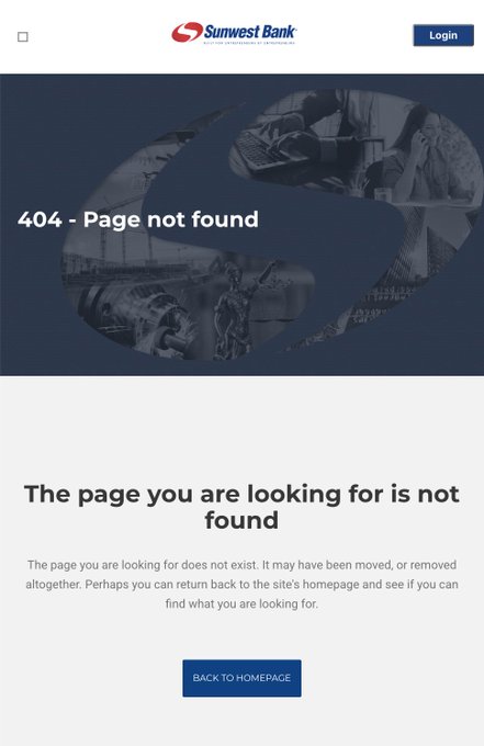 A Sunwest Bank 404 error page with the text '404 - Page not found' and 'The page you are looking for is not found', featuring a blue-themed header image and a 'BACK TO HOMEPAGE' button.