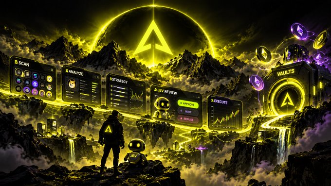 A dramatic sci-fi artwork featuring a silhouetted figure and small robot looking at floating UI panels labeled 'SCAN', 'ANALYZE', 'STRATEGY', 'DEV REVIEW', and 'EXECUTE', with a glowing yellow 'A' logo and a vault structure in the background.