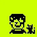A low-resolution pixel art image showing a figure and a small animal (possibly a dog) on a green background.