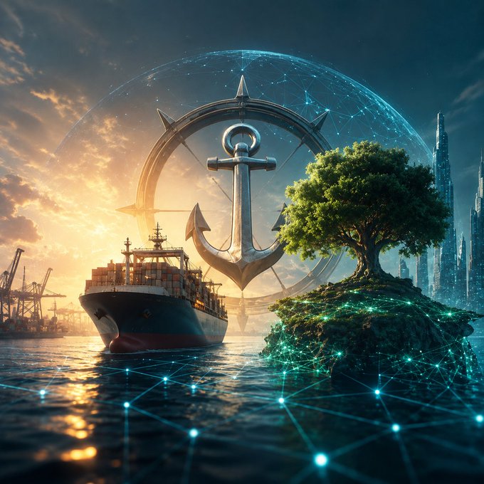 A surreal digital artwork depicting a large metallic anchor, a cargo ship, and a tree on a small island connected by glowing network nodes, with a futuristic city in the background.