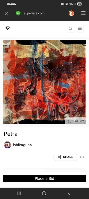 A screenshot of the SuperRare NFT marketplace website showing an abstract artwork titled "Petra" by ishikaguha, with a "Place a Bid" button visible.