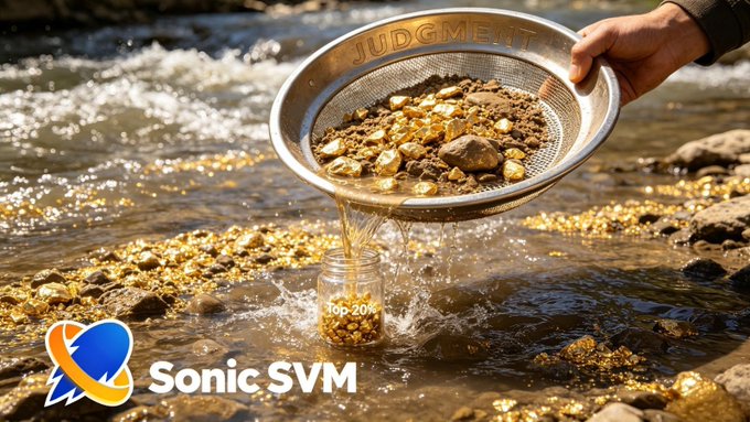 A metal sieve labeled "JUDGMENT" sifts gold nuggets from a flowing stream, with a jar catching the filtered material marked "Top 20%." The Sonic SVM logo appears in the bottom left, visually reinforcing the post's theme of filtering through market intelligence to identify the most accurate traders beyond standard smart money leaderboards.
