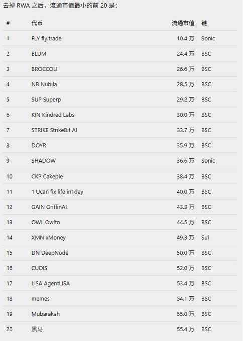 A Chinese-language table listing the top 20 lowest market cap tokens after removing RWA, including tickers like FLY, BLUM, BROCCOLI, NB, SUP, and KIN, with market caps ranging from 104k to 554k USD on chains like Sonic, BSC, and Sui.