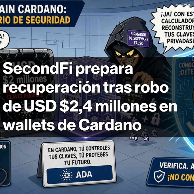 A news graphic about cryptocurrency showing 'SecondFi prepara recuperación tras robo de USD $2,4 millones en wallets de Cardano', with a cartoon hacker in a hoodie in the background and Cardano (ADA) branding.