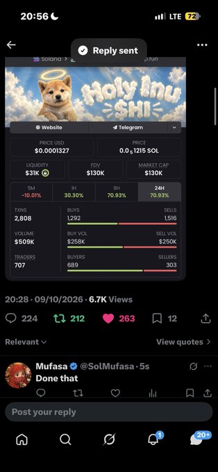 Identical to the previous image, showing the social media post of the 'Holy Inu' token statistics with user 'Mufasa' replying 'Done that'.