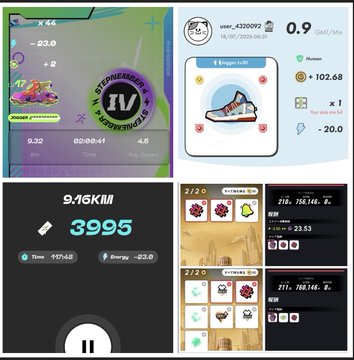 A collage of screenshots showing mobile game apps, including a running tracker (2.16 km in 9:46) and a tap-to-earn game showing '3995' coins.