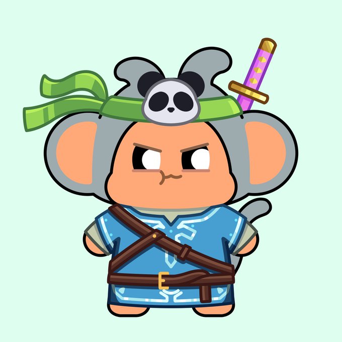 Cartoon illustration of an angry mouse/koala-like creature wearing a blue tunic with brown straps, a green headband with a skull ornament, and a purple katana sword on its back.