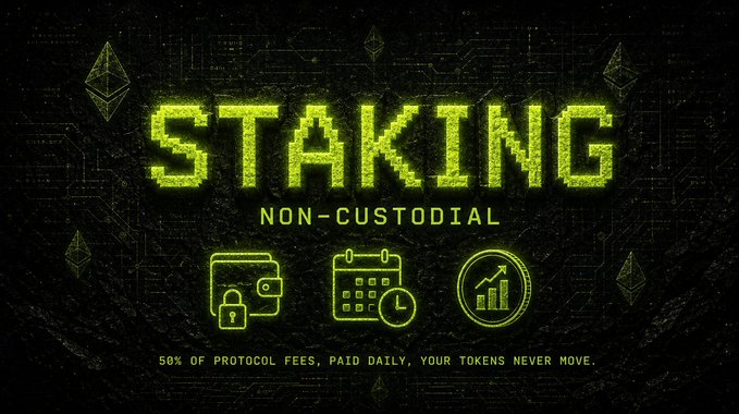 A promotional graphic for Ordihood's staking program features the bold neon-green text "STAKING NON-CUSTODIAL" above icons of a wallet, calendar, and growth chart, with the tagline "50% OF PROTOCOL FEES, PAID DAILY, YOUR TOKENS NEVER MOVE," directly illustrating the post's message about earning passive rewards without giving up custody of $ORDIHOOD tokens.