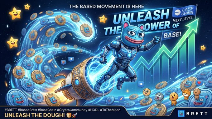 A vibrant promotional graphic for the BRETT cryptocurrency on Base Chain features an anthropomorphic blue frog character riding a rocket amid swirling coins, with text reading 'THE BASED MOVEMENT IS HERE,' 'UNLEASH THE POWER OF BASE!,' and hashtags #BRETT #BasedBrett #BaseChain #CryptoCommunity #HODL #ToTheMoon, plus 'UNLEASH THE DOUGH!' at the bottom.