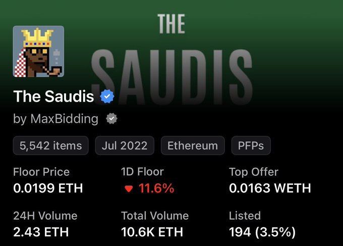 NFT collection page for 'The Saudis' by MaxBidding on Ethereum, showing 5,542 items with a floor price of 0.0199 ETH and 1D floor down 11.6%.