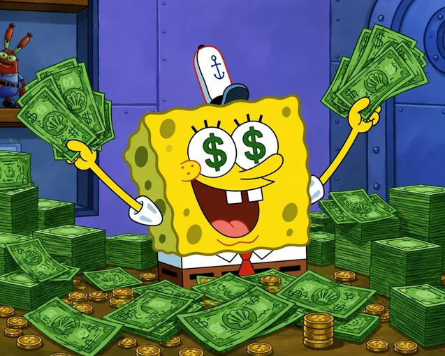 SpongeBob SquarePants is depicted in his Krusty Krab uniform, gleefully holding stacks of cash with dollar sign eyes, surrounded by piles of money and gold coins, embodying the triumphant optimism of the "WE WILL MAKE IT" caption as a symbol of financial success and prosperity.