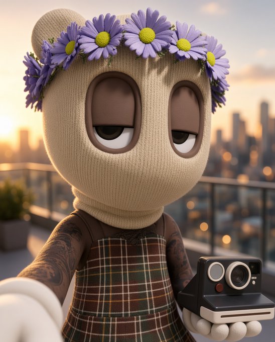 A 3D-rendered figure wearing a beige knit balaclava decorated with a crown of purple daisies, dressed in a plaid dress with tattooed arms, holding a vintage instant camera against a city skyline at sunset.