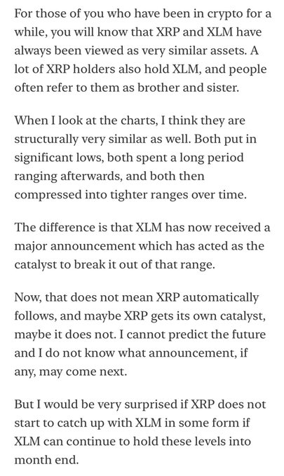The image shows a white background with black text that reads "For those of you who have been in crypto for a while, you will know that XPR and XLM have been viewed as very similar assets. A lot of XP holders also hold XLM and people often refer to them as brother and sister." The image is accompanied by a caption that says "Focus on what is in the image and how it relates to the post".