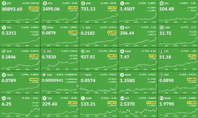 The image displays a comprehensive cryptocurrency price dashboard showing all major coins in green, indicating widespread gains across the market. Notable figures include BTC at $80,893.60 (+4.19%), ETH at $2,495.06 (+3.91%), and SOL at $104.48 (+8.00%), with nearly every token showing significant percentage increases.

This visual perfectly complements the breaking news about $125 billion being added to the crypto market, as the green-accented dashboard illustrates the broad market rally accompanying Bitcoin's surge past $81,000. The widespread gains and volume spikes across nearly all listed cryptocurrencies visually confirm the massive short squeeze and buying momentum described in the post.