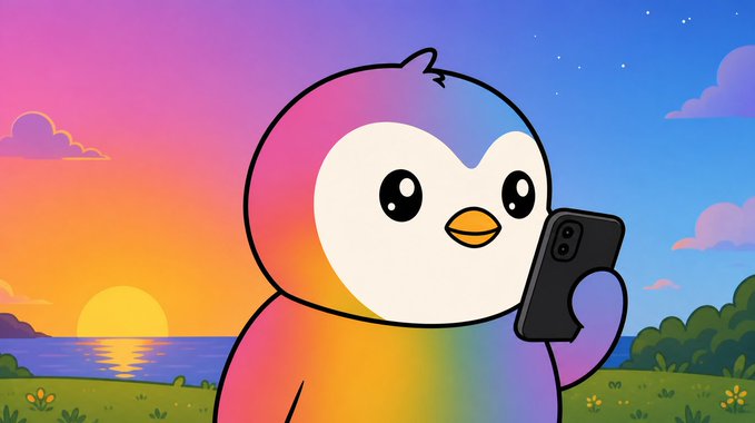 A cartoon penguin with rainbow coloring holds up a smartphone while standing in a sunny meadow, symbolizing the mobile app preview teased in the post. The colorful bird's phone showcases the frontend sneak peek that OffYield promised to share within two hours.