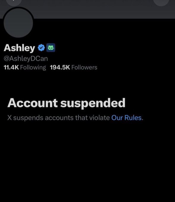 A screenshot of Ashley (@AshleyDCan), an account with 194.5K followers and a verified checkmark (formerly known as Ashley DCan), shows the account suspended by X for rule violations. The post suggests her account suspension has triggered bullish momentum for $SOL and $ETH today.