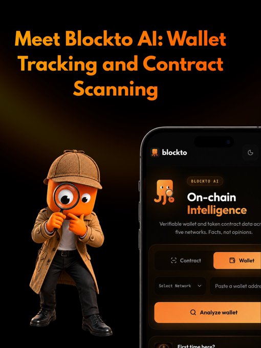 An advertisement for 'Blocktto AI: Wallet Tracking and Contract Scanning' features an orange mascot detective character and a smartphone mockup displaying the 'Blocktto AI' app interface for on-chain intelligence.
