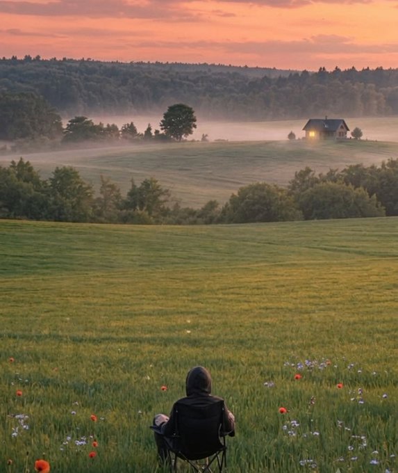 A scenic landscape photograph showing a person in a black hoodie sitting in a camping chair in a meadow with wildflowers, gazing at a misty countryside with a small lit house in the distance during a colorful sunset or sunrise.