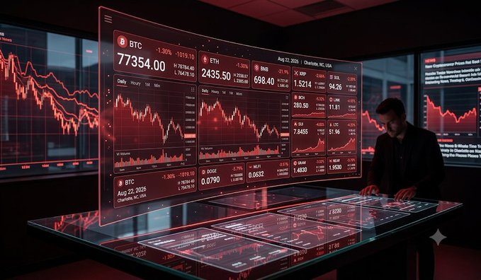Stylized scene of a trading desk with a person looking down at multiple glowing screens displaying cryptocurrency prices including BTC at 77,354.00 (-1.30%), ETH at 2,435.50, BNB at 698.40, and XRP at 1.5214.