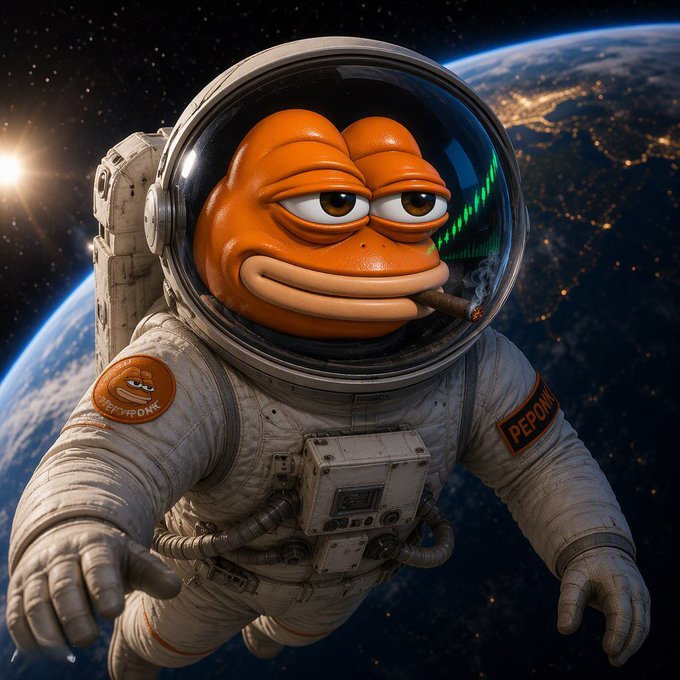 AI-generated image of a Pepe the Frog astronaut in a spacesuit smoking a cigar with a stock chart, floating above Earth in space.