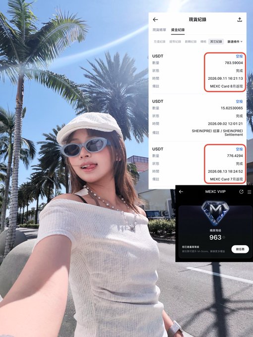 A young woman wearing a white off-shoulder top and sunglasses takes a sunny selfie by palm trees, while overlaid screenshots showcase MEXC financial benefits—USDT cashback records of 783.59004 and 776.4284 from MEXC Card transactions dated 2026.09.11 and 2026.08.13, plus a "MEXC VVIP" membership tier displaying a balance of 963—illustrating the promotional perks highlighted in the caption.