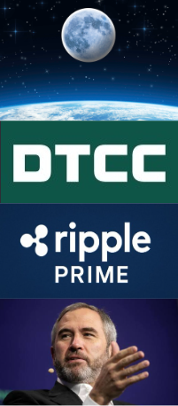 A vertical graphic featuring the moon and earth above the logos for 'DTCC' and 'ripple PRIME', with a photo of a bearded man speaking at the bottom.