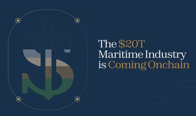 A promotional graphic stating 'The $20T Maritime Industry is Coming Onchain' with an anchor logo containing a dollar sign.