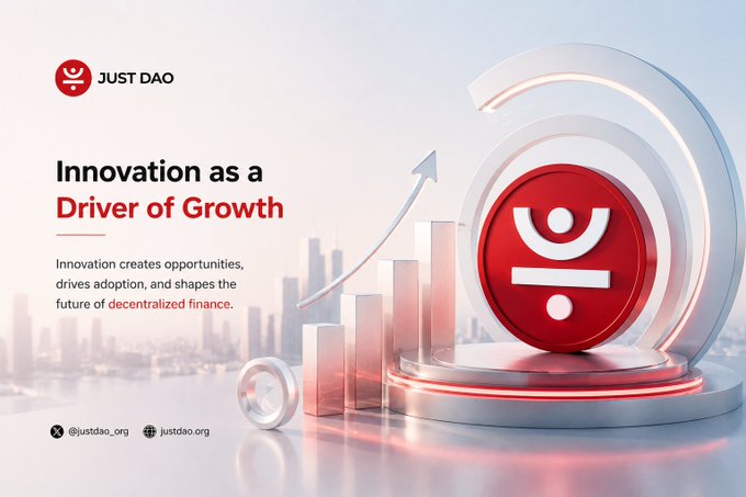 A Just DAO promotional banner titled 'Innovation as a Driver of Growth' showing a red logo coin next to ascending bar charts with an upward arrow, set against a city skyline.