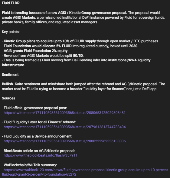 A dark-themed text document titled 'Fluid TLDR' discussing a new AGI3/Kinetic Group governance proposal for the Fluid cryptocurrency, including key points, sentiment, and source links.