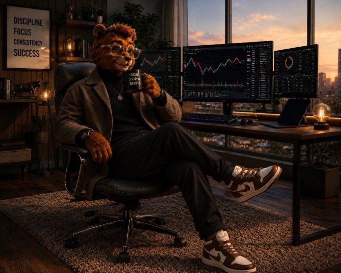 An AI-generated image of an anthropomorphic bear in a suit and sneakers sitting at a desk with multiple trading monitors; a poster reads 'DISCIPLINE FOCUS CONSISTENCY SUCCESS.'