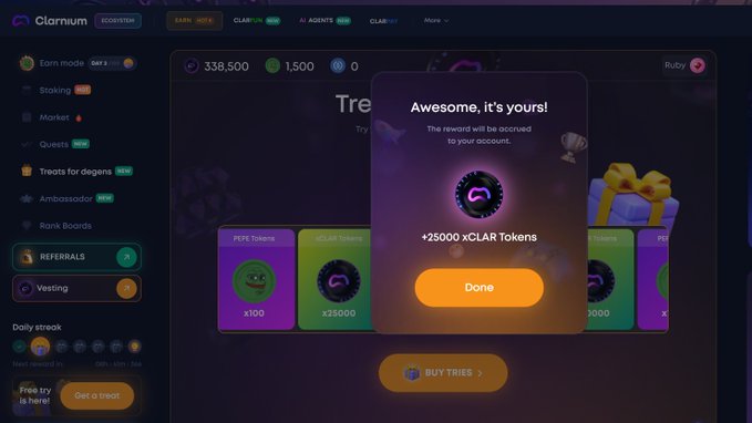 In this screenshot, we see an online trading platform called @clarnium_io that displays information about its rewards system. The platform features a Treats wheel where users can spin the wheel once to receive rewards of $CLAR tokens or free PEPE Tokens for showing up on the site. Additionally, there are two buttons in the image – one is an "Awesome" button with a smiley face and another is labeled as a " Done" button. These buttons indicate that a user has completed their trading activity successfully or has just started their trading journey.