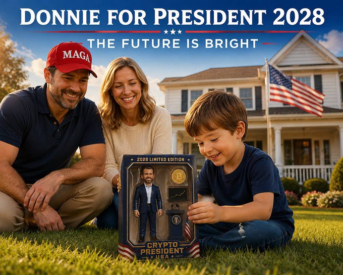 The image features a family of three, including two adults and a child, sitting together outdoors with a dollhouse that has Donald Trump as its president figure. The dollhouse is placed on the grass next to them, and they are all smiling at each other. The caption for the image reads "Donnie For President 2028: The Future Is Bright".