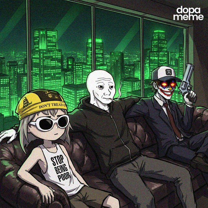 The image depicts three meme characters—Wojak in a "Don't Tread on Me" cap, Wojak in sunglasses wearing a "Stop Being Poor" tank top, and a Joker-masked figure with a pistol—sitting on a couch against a green cyberpunk cityscape backdrop, with a "dopameme" watermark. The post laments how short-term flipping culture, popularized by "Broccoli Head Trench Dweebs," undermines long-term conviction in meme coins, a sentiment mirrored by the image's cynical characters: a defeated normie, a nihilistic trader, and a chaotic antagonist representing the reckless, high-risk gamblers that dominate the meme meta.
