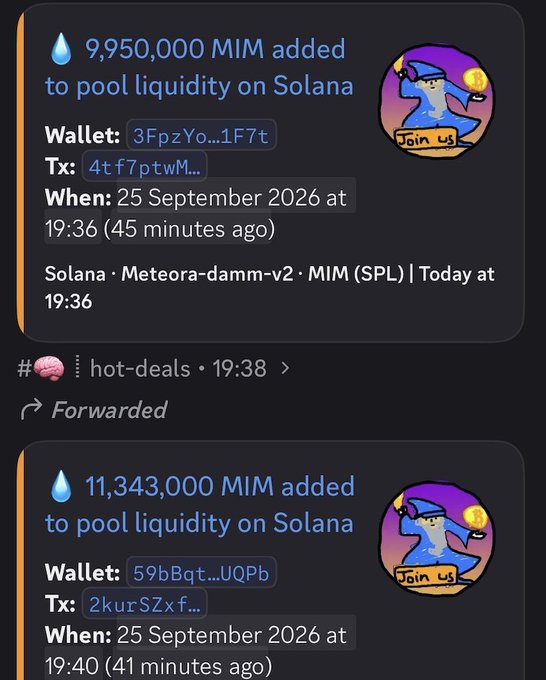 Telegram messages from 'hot-deals' showing MIM token liquidity pool additions on Solana via Meteora-damm-v2, including a 9,950,000 MIM transaction and an 11,343,000 MIM transaction dated 25 September 2026.