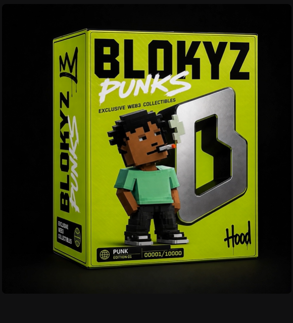 The image showcases a lime green collectible box for "BLOKYZ PUNKS," featuring a voxel-style character with dreadlocks and a cigarette, labeled as "PUNK EDITION 001" with the serial number "00001/10000." A silver "B" logo and "Exclusive Web3 Collectibles" branding emphasize its NFT status, tying directly to the post's mention of the 10K supply Blokyz Punks launch and ongoing raffle hype.