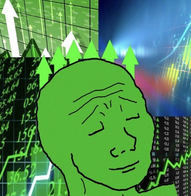 The image features the green "Wojak" or "Gigachad" style meme face with upward-pointing arrows resembling hair, set against a background of stock market data and charts showing rising values (with visible numbers like 2220.8, 675, 156, 36.52, 96.05, and +3.79). The combination of the triumphant green figure, bullish arrows, and rising market graphics visually conveys the optimistic sentiment of "We're winning today," symbolizing a successful or profitable day in trading.