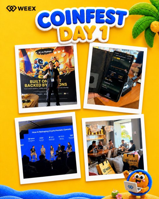 A promotional collage for WEEX's 'COINFEST DAY 1' featuring four photos of a crypto event, including a speaker on a stage with 'AI vs Human' and 'BUILT ON BACKED BY BIT' visible, a phone displaying a crypto app, a panel discussion titled 'How AI Reshaping Crypto Markets Operate', and a networking area with WEEX-branded bags.