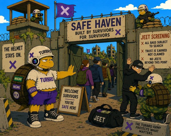 A cartoon illustration of a fortified "SAFE HAVEN BUILT BY SURVIVORS FOR SURVIVORS" gate guarded by helmet-wearing soldiers, featuring a turtle character labeled "TURBRO" wearing a "JEET" badge and signs referencing "JEET SCREENING."