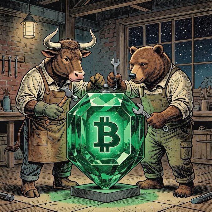An illustrated scene of an anthropomorphic bull and bear in overalls using wrenches to work on a giant glowing green Bitcoin gemstone in a rustic workshop under a starry night sky.