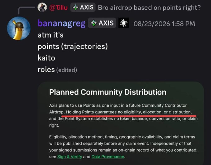 A Discord exchange where @Tillu asks about an AXIS airdrop based on points, and bananagreg replies it's based on points (trajectories), kaito, and roles, followed by a 'Planned Community Distribution' notice stating Holding Points guarantees no eligibility or allocation.