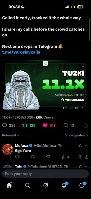 Mobile screenshot of a social media post from @YarodeGen showing a TUZKI meme image with '11.1X Called at 35.2K', with 7.6K views, 223 comments, 129 reposts, and 313 likes, posted on 11/07.