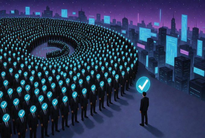 The image shows a vast crowd of people with glowing blue checkmarks where their faces should be, arranged in a swirling pattern against a futuristic purple city skyline, with one lone suited figure facing them—visually echoing the post's call for supporters to stand together by typing "I'm Here." The checkmarks symbolize verified, committed individuals, reinforcing the message that good people attract more good people.