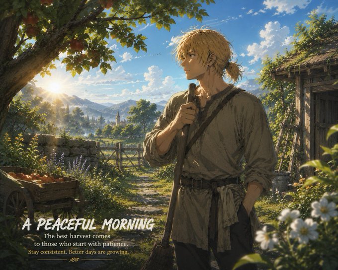 An anime-style illustration of a blonde man in a tunic standing in a countryside setting with the text 'A PEACEFUL MORNING' and motivational quotes about patience and consistency.