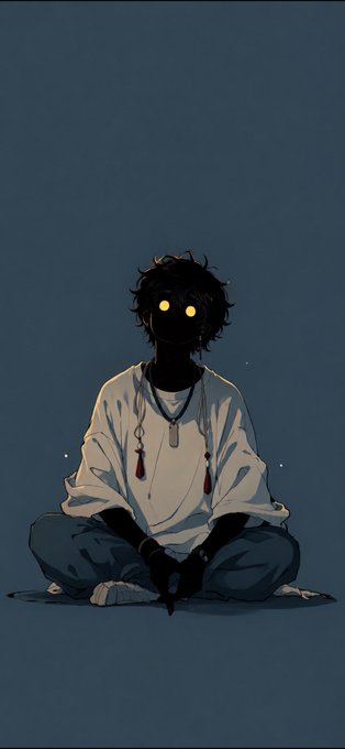 A minimalist anime-style illustration of a figure with glowing yellow eyes sitting cross-legged on the ground in a white shirt and blue pants against a dark blue background.