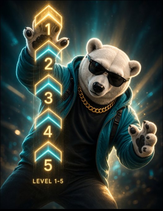 An AI-generated image of a cool polar bear wearing sunglasses and a teal hoodie with a gold chain, displayed next to a glowing 'LEVEL 1-5' progress arrow ranking graphic.