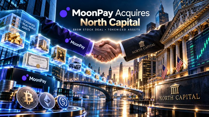A promotional graphic titled 'MoonPay Acquires North Capital' announces a '$60M Stock Deal' involving tokenized real-world assets, featuring a handshake between MoonPay and North Capital against a Wall Street backdrop with cryptocurrency icons.