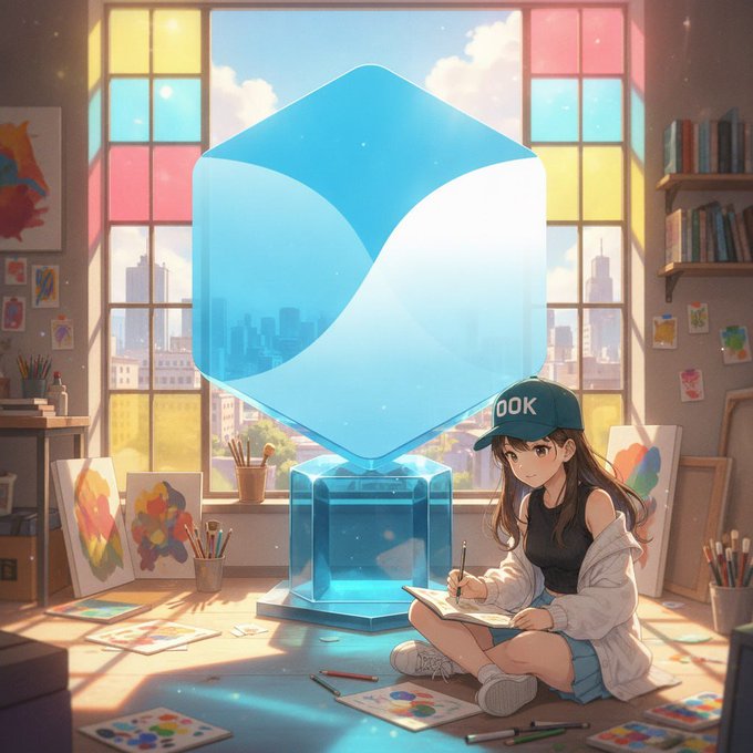 An anime-style illustration shows a girl wearing a cap that says 'ook' sketching in an art studio, with a large glass cube floating nearby.